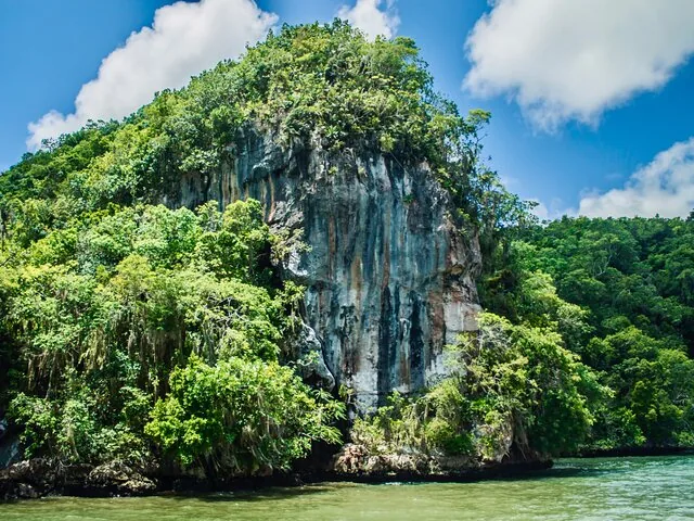 Eine große, steile Kalksteinklippe, bedeckt von üppiger grüner Vegetation, die aus dem Wasser aufragt.